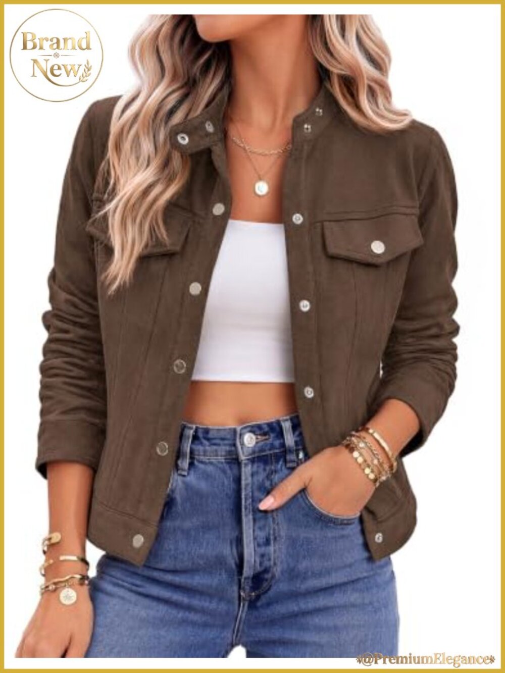 Faux Suede Cropped Jacket Snap Button Lapel Collar Fall Shacket
